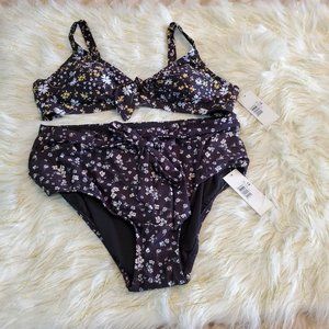 Social Angel Womens Plus Monica Tie Swimsuit Set 2-Piece  Black Multi Foral 1X